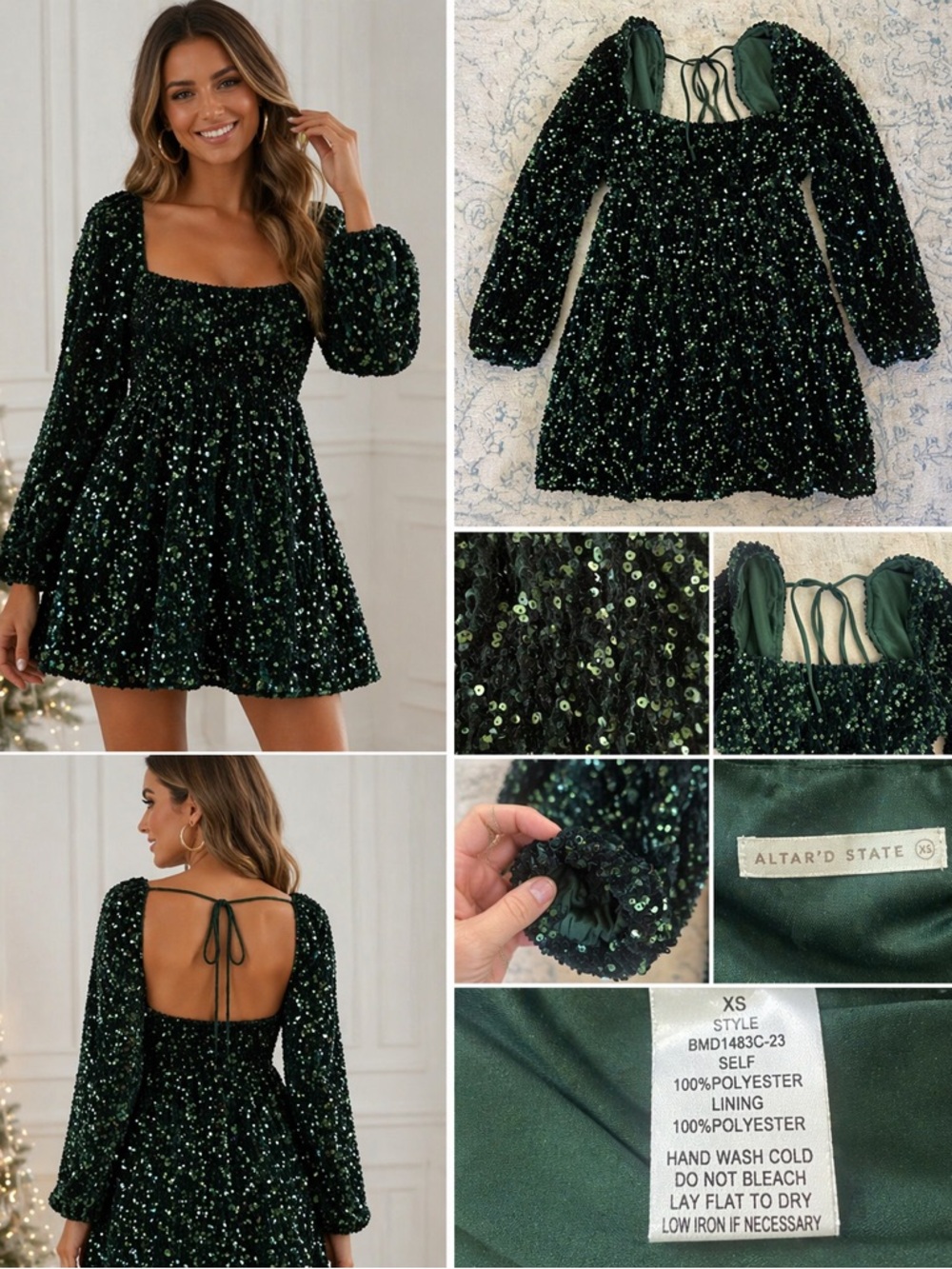 Altar’d State Emerald Green Sequin Mini Dress XS Long Sleeve Open Back